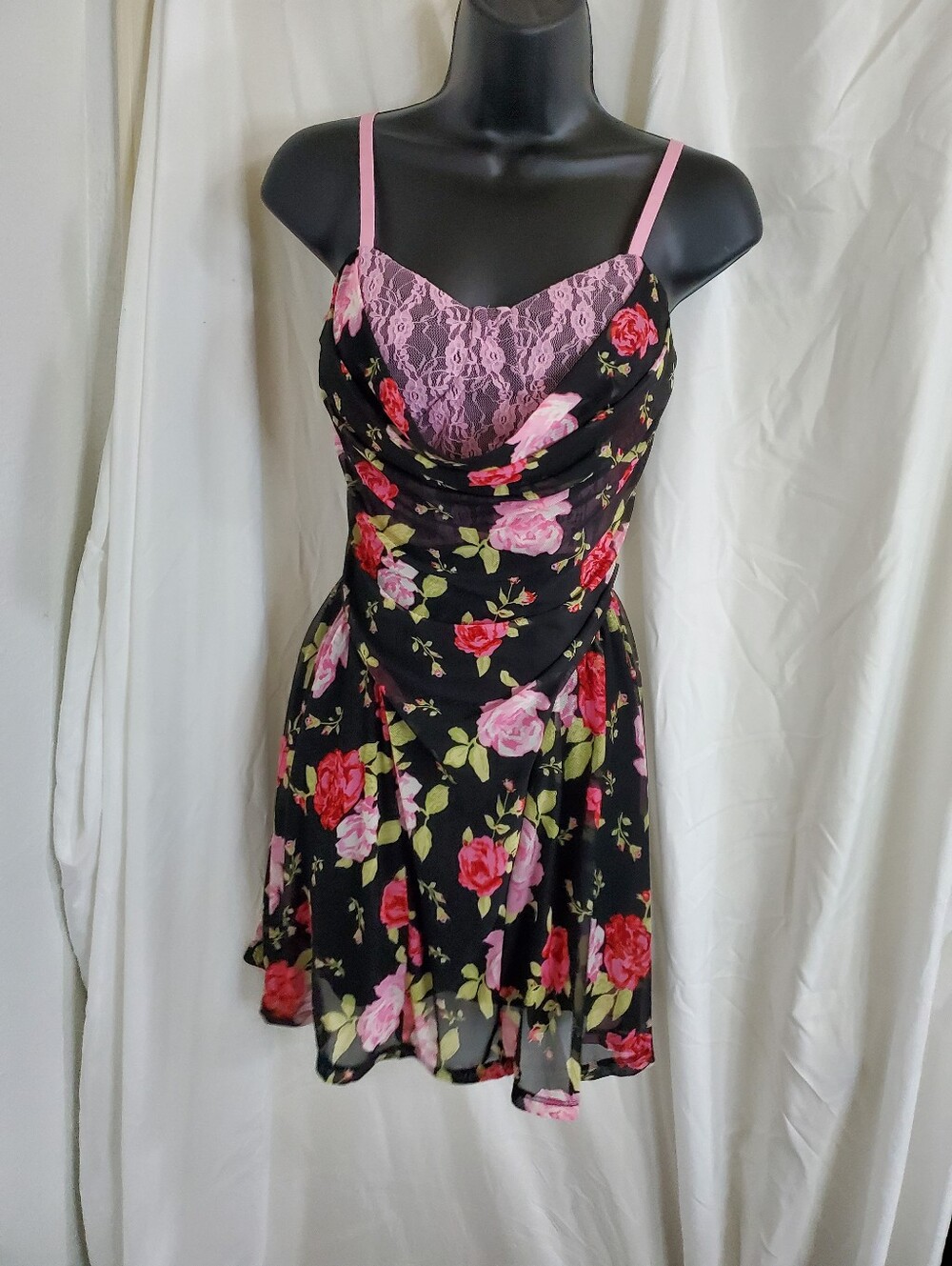 Luv Betsey Johnson black pink roses pink lace sheer chiffon cowl neck mini dress